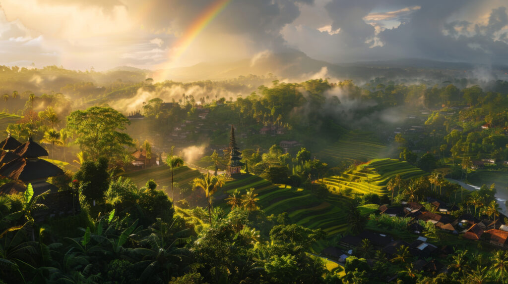 Lanskap sawah bertingkat Bali dengan pelangi dan kabut pagi menyelimuti perbukitan hijau.